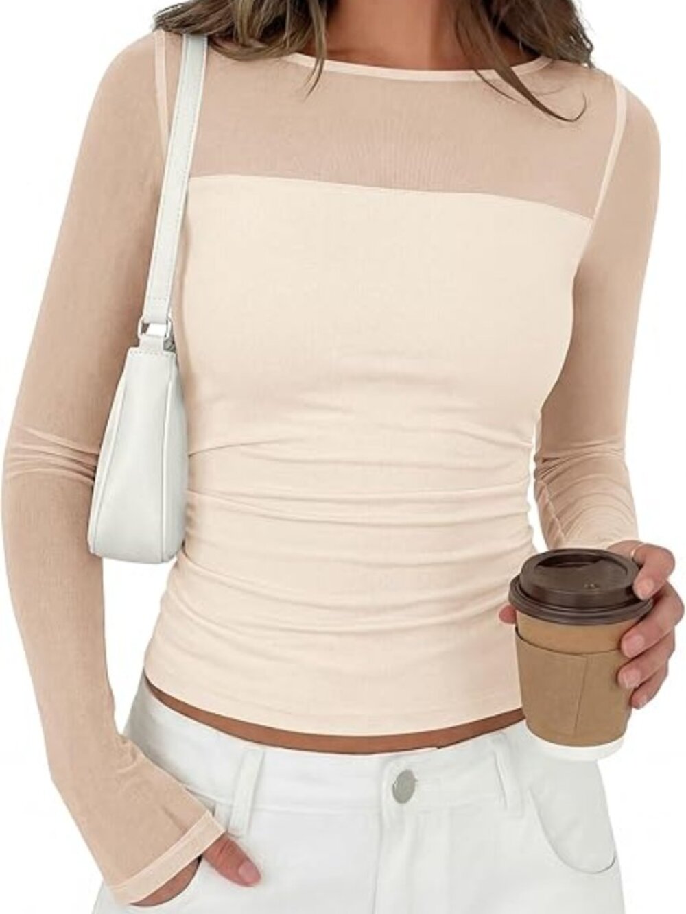 Long Sleeve T Shirts Sheer Mesh Boat Neck Top - MWT - M